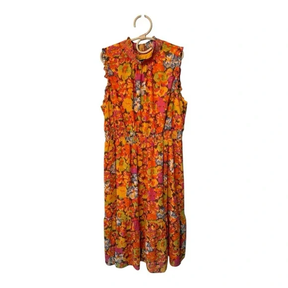 J Crew Smocked Waist Ruffle Sleeveless Maxi Flowy Orange Sunset Floral XXL NWOT - Picture 7 of 16